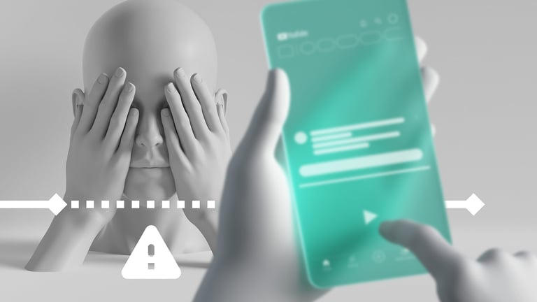 Mannequin covering face with hands while another is viewing video on their mobile
