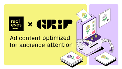 Realeyes x Grip logos next to an animated robotic computer qualifying creative