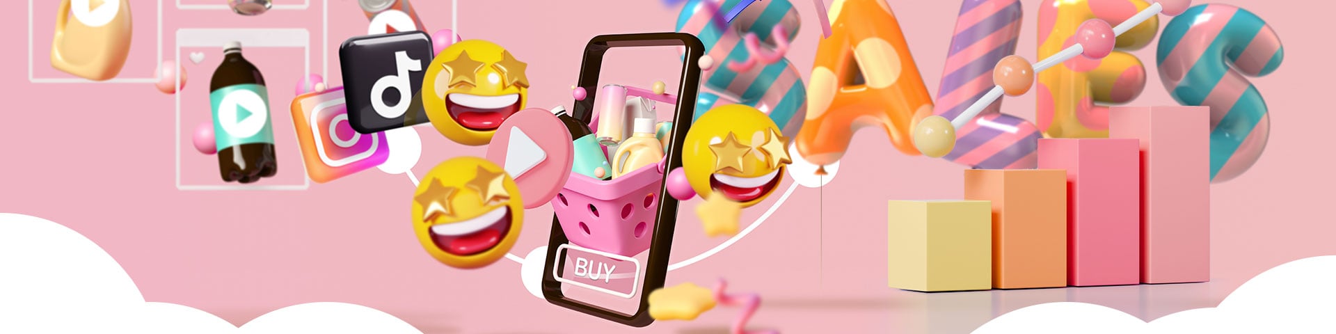 3D illustration of video ads, a mobile phone and a rising sales chart