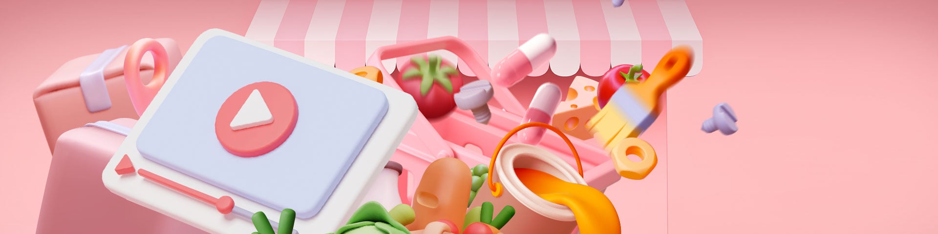 Illustration of various items in front of a store