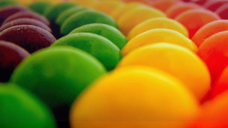 Close up of M&Ms arranged by color